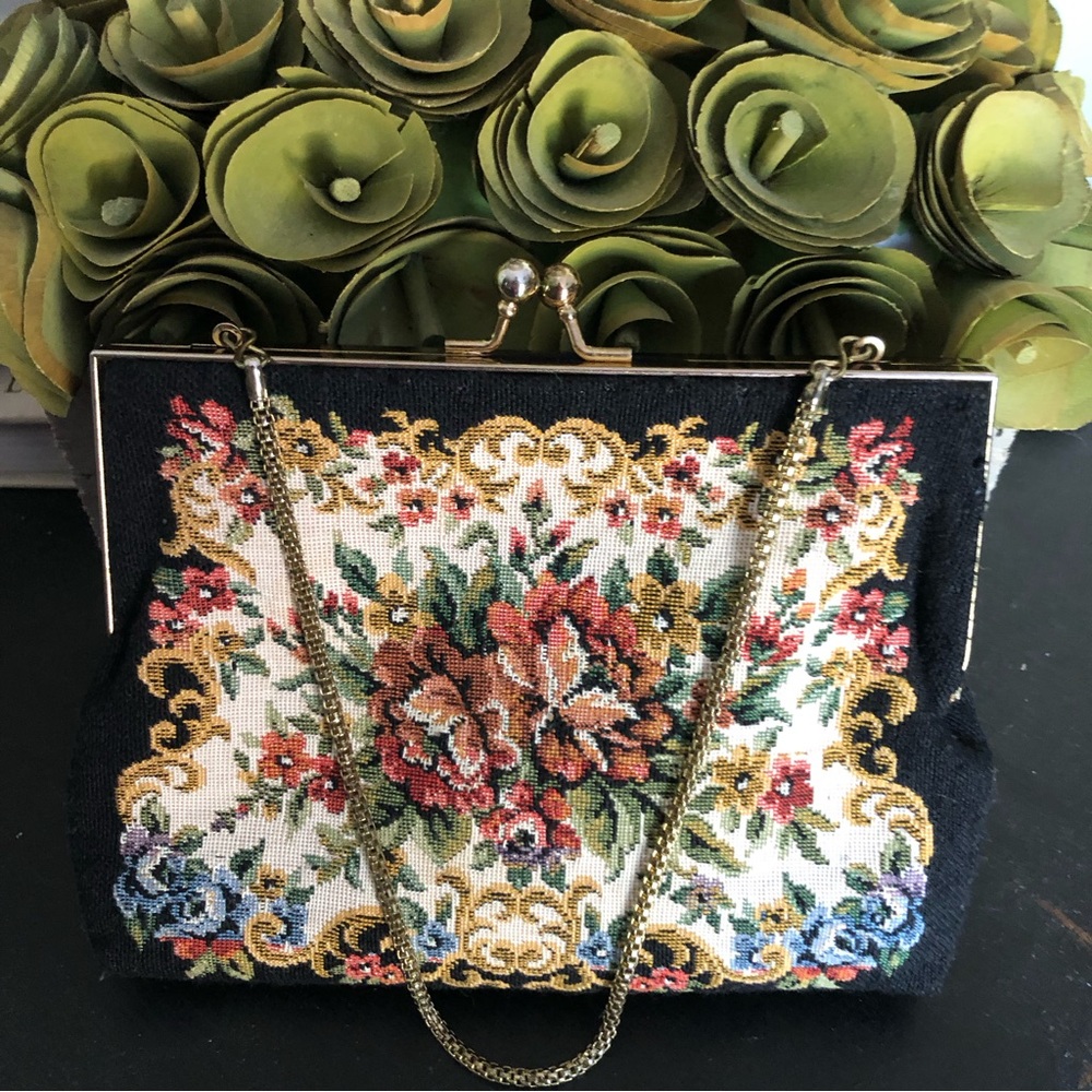 🥳HP  Vintage Black Petit Point Bag ,tapestry handbag - Picture 7 of 7